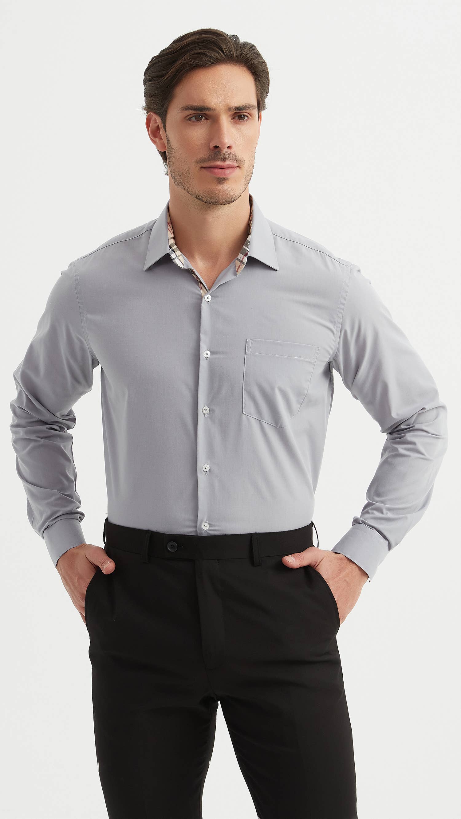 Camicia uomo grigia easy iron con collo francese e dettagli tartan