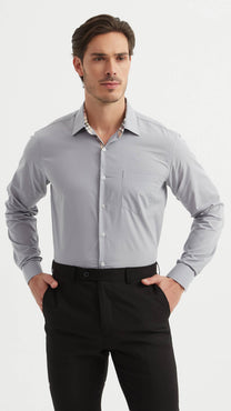 Camicia uomo grigia easy iron con collo francese e dettagli tartan