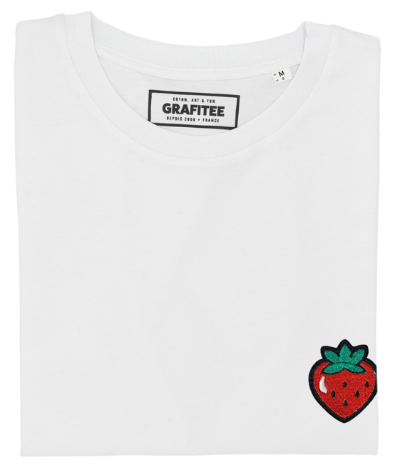 T-shirt bianca con fragola ricamata in cotone biologico