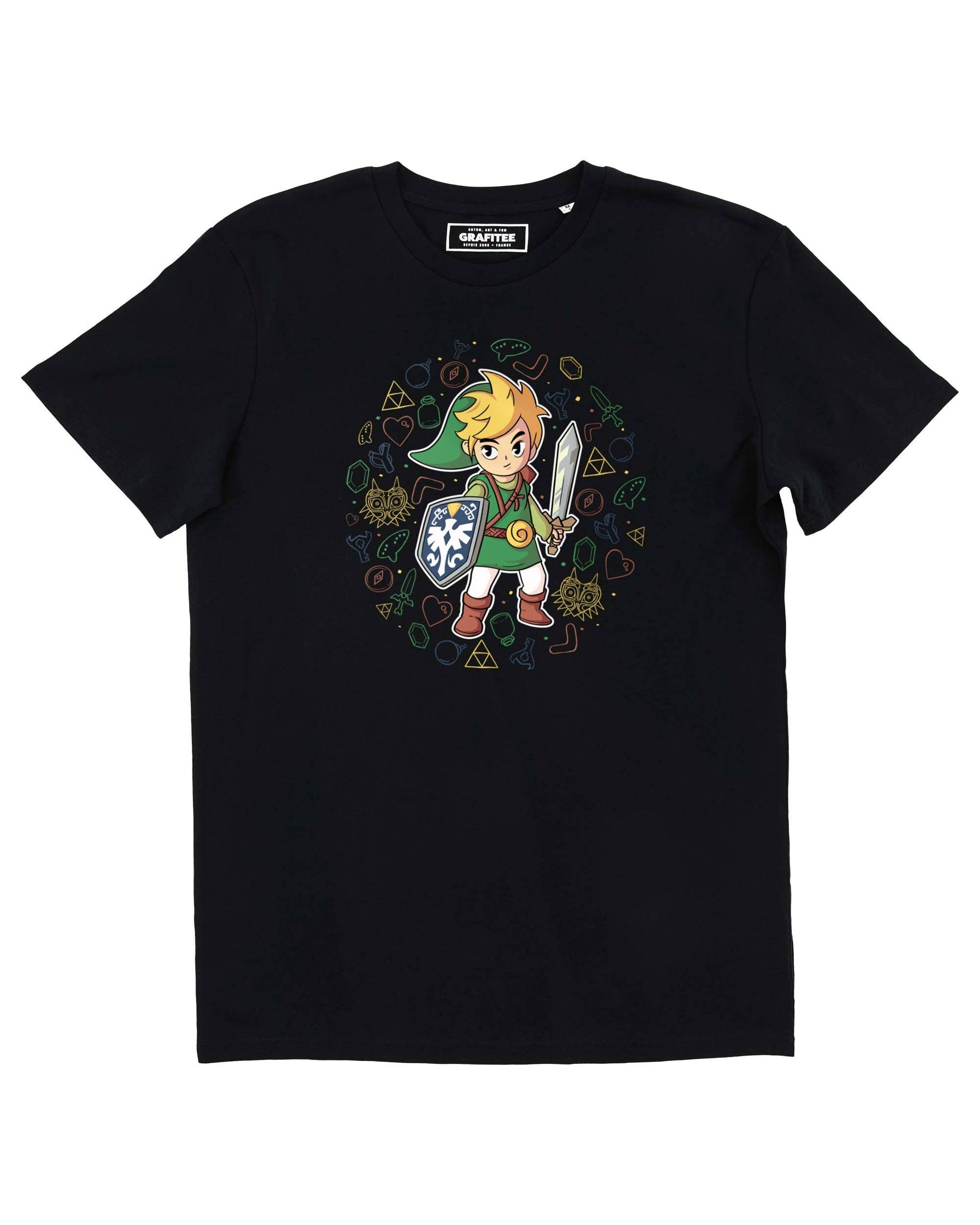 T-shirt nera unisex con grafica Link stile videogame
