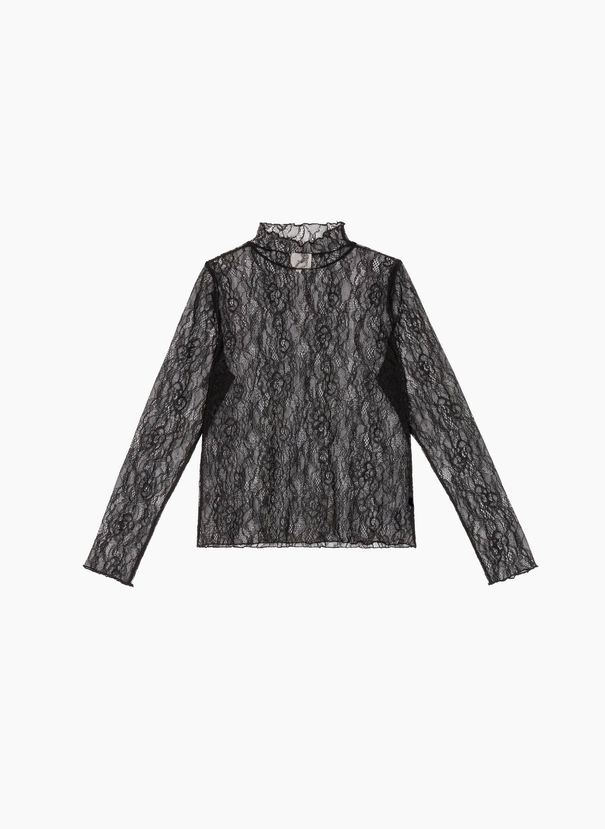 Top in pizzo a collo alto blu marino