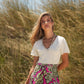 Abito midi con scollo a V e gonna floreale con cintura