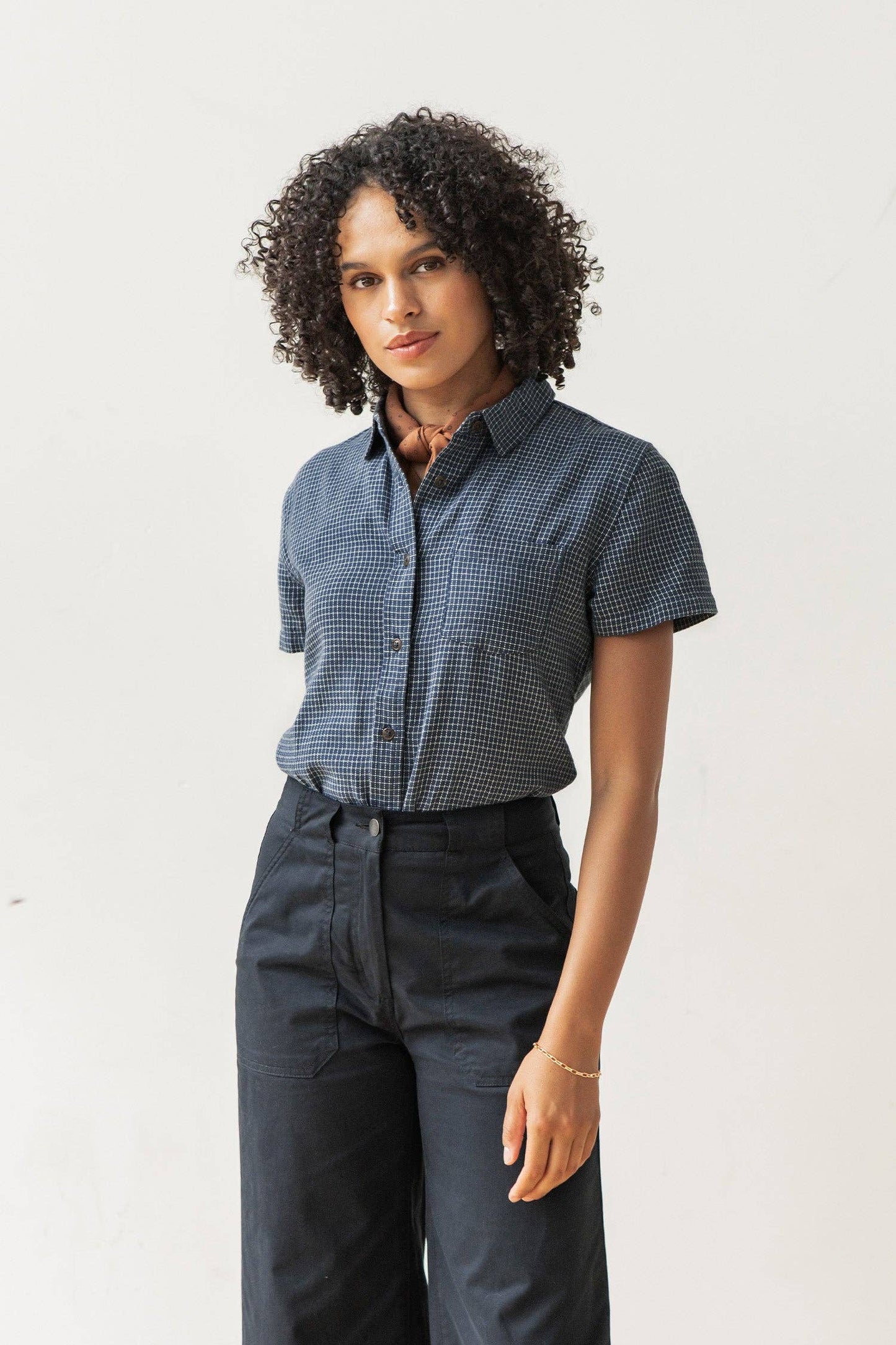 Camicia a maniche corte a quadri blu navy