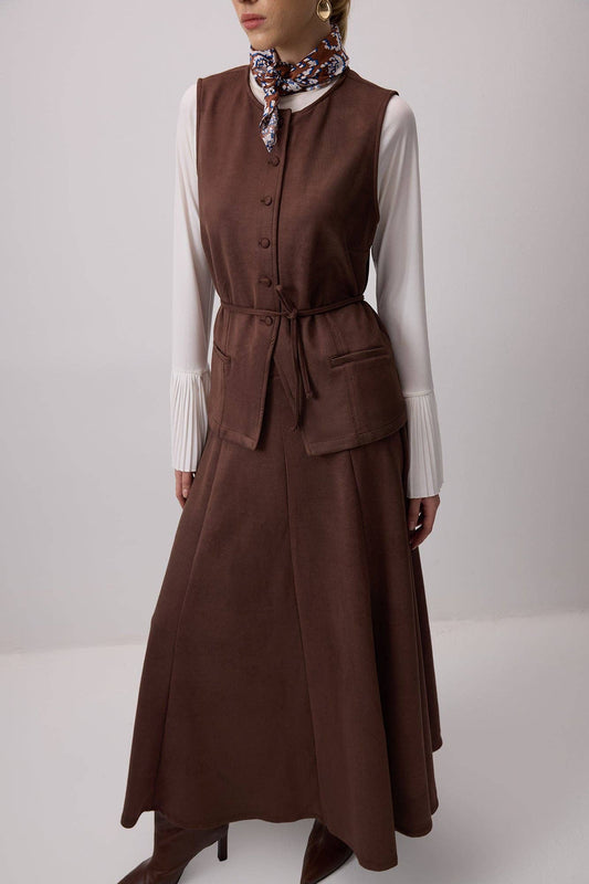 Coordinato gilet e gonna lunga effetto scamosciato