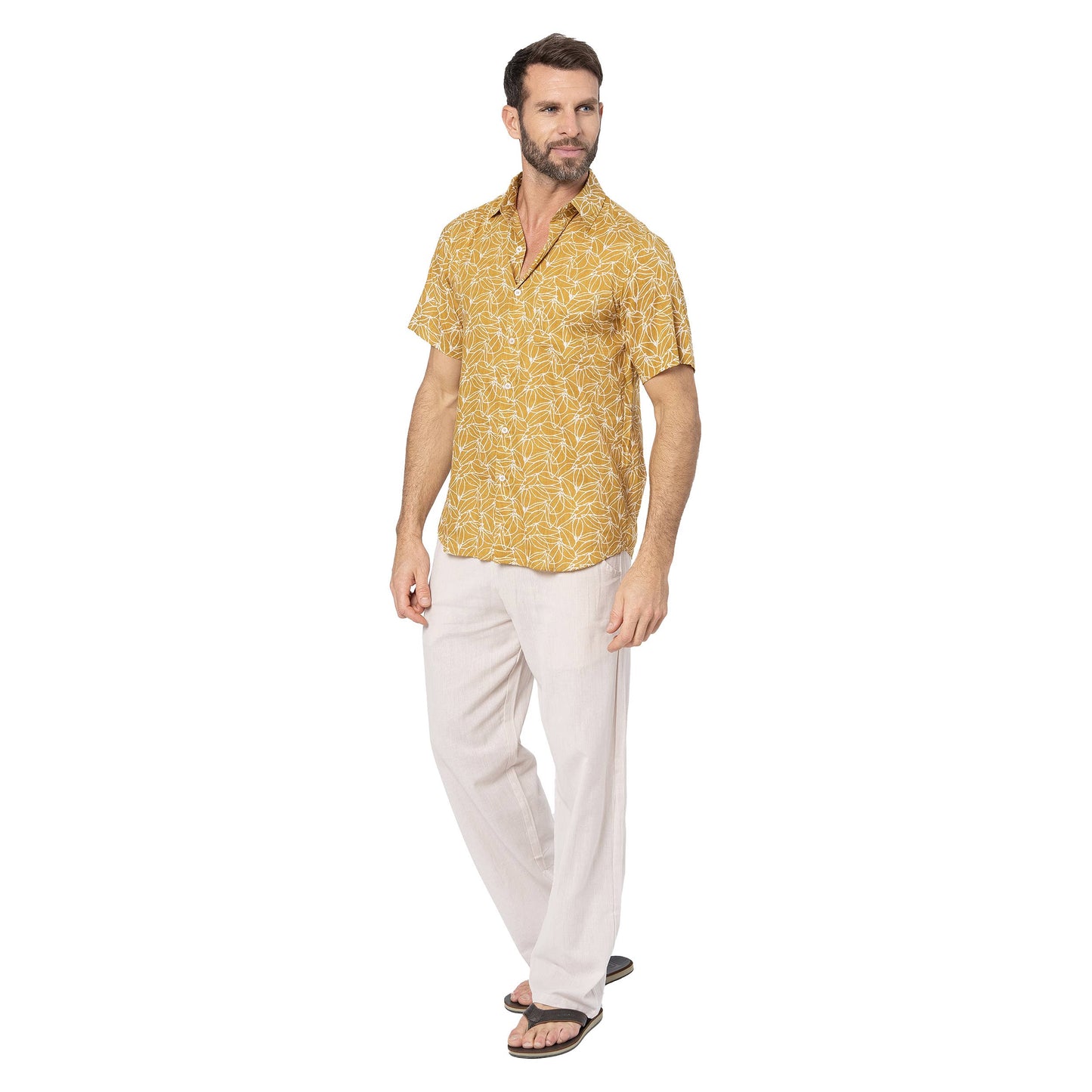Camicia estiva a manica corta in voile di cotone con stampa foglie