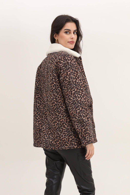 Giacca in velluto leopardata con collo in ecopelliccia removibile