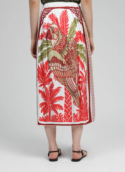 Gonna midi a vita alta con stampa pappagallo rossa