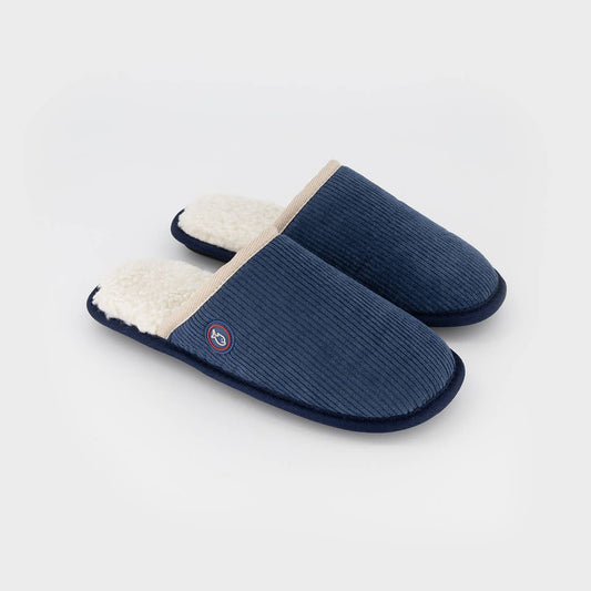 Pantofole in velluto a coste blu navy con interno in sherpa