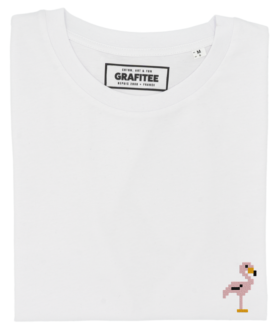 T-shirt bianca con ricamo fenicottero rosa in cotone biologico