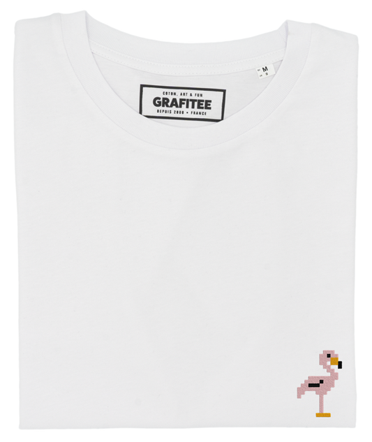 T-shirt bianca con ricamo fenicottero rosa in cotone biologico