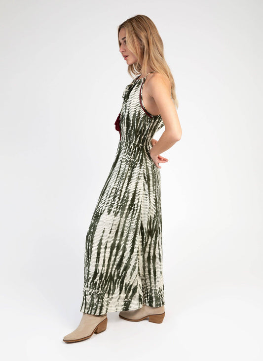 Abito lungo maxi khaki con stampa tie-dye