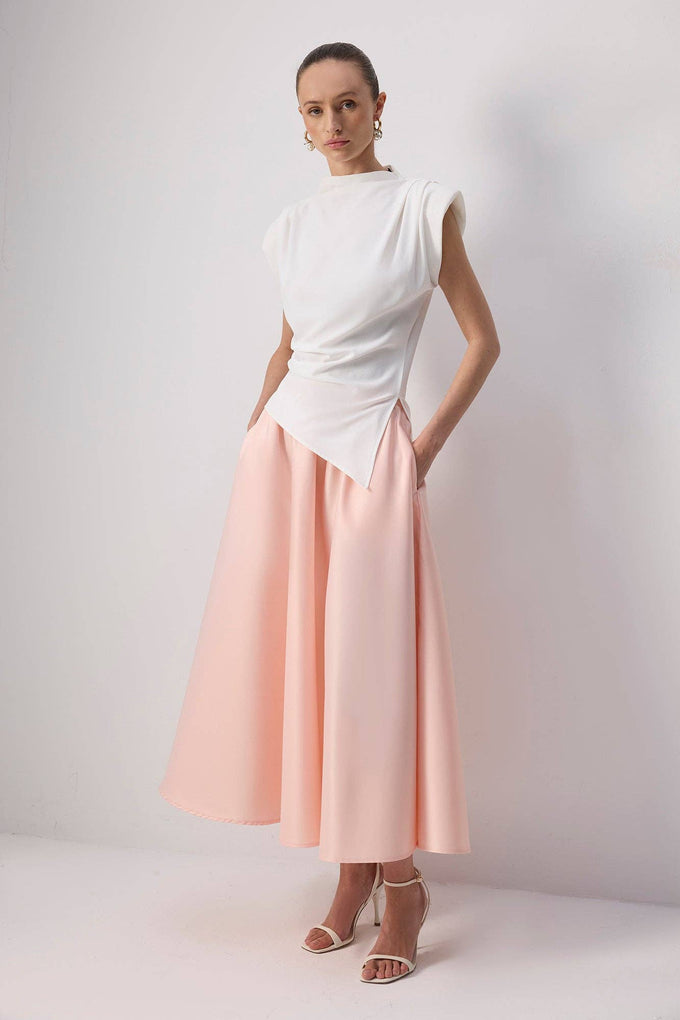 Gonna lunga in satin a vita alta rosa baby
