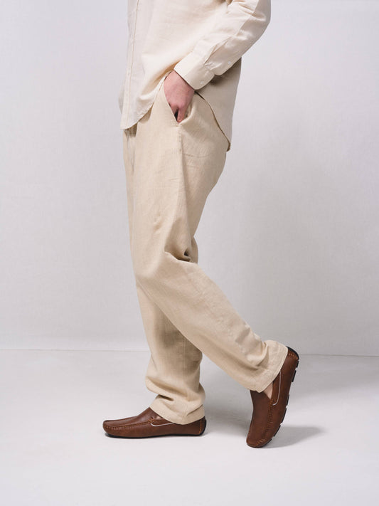 Pantaloni in lino misto cotone con vita elasticizzata