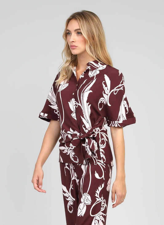 Camicia Kavy bordeaux a stampa floreale con nodo laterale