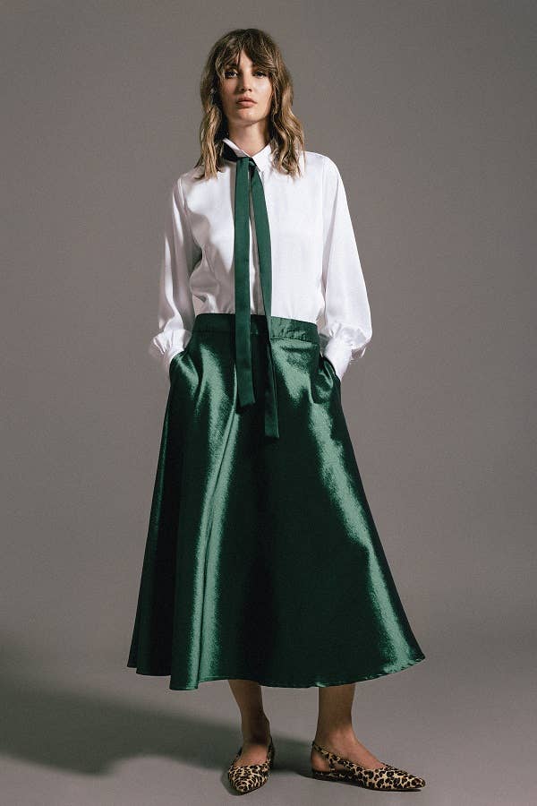 Gonna midi effetto satin verde