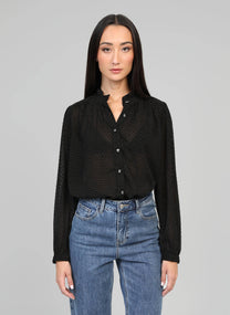 Blusa nera testurizzata con collo alla coreana