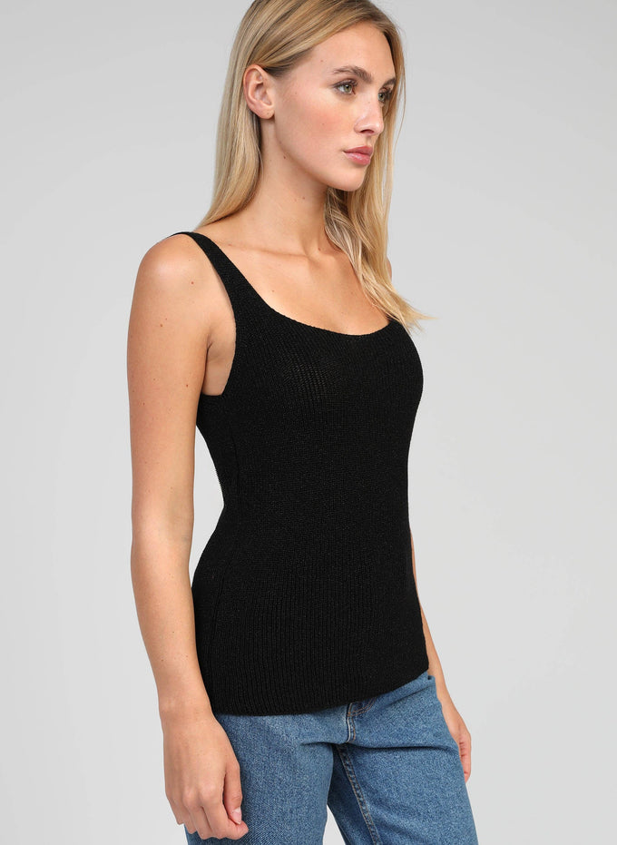 Canotta in maglia metallizzata nera con scollo quadrato
