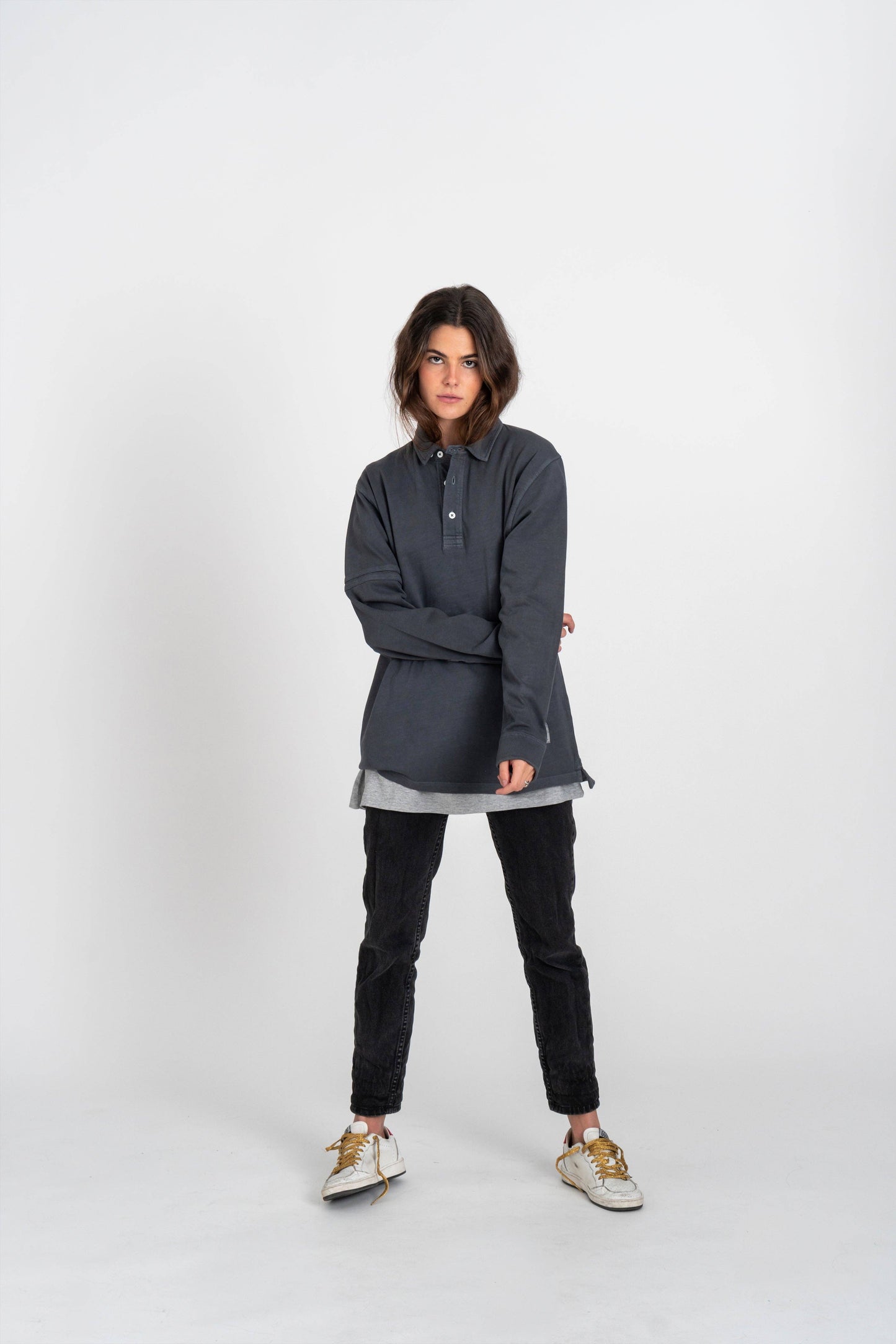Polo blu Revival a manica lunga in cotone biologico