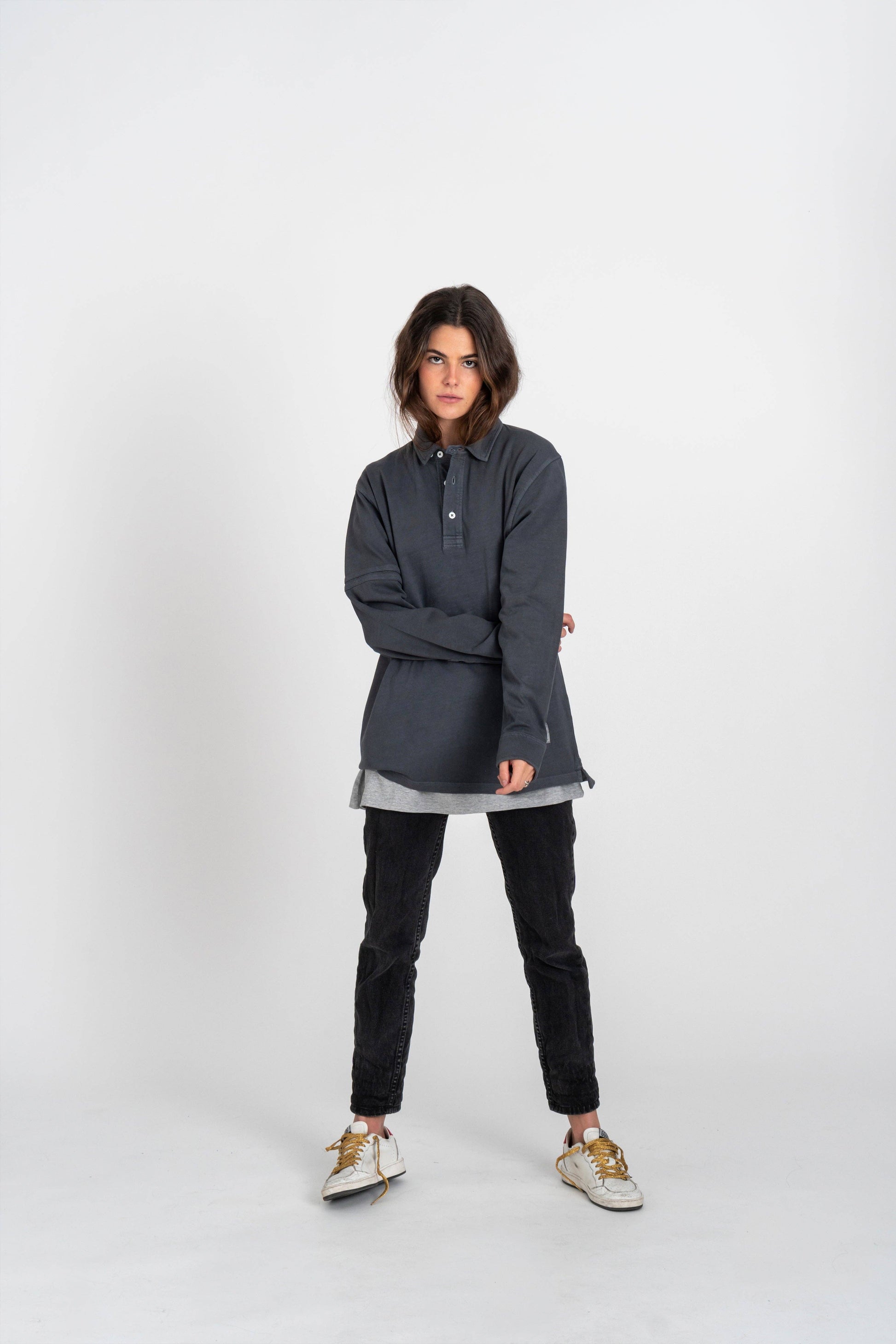 Polo blu Revival a manica lunga in cotone biologico