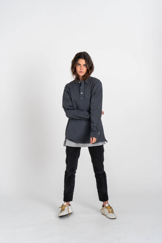 Polo blu Revival a manica lunga in cotone biologico