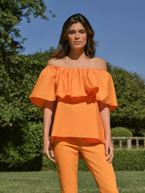 Top off-shoulder con volant in popeline
