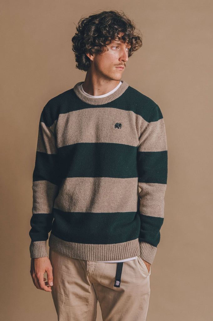 Maglione Sella a righe in lana merino verde pino e marrone