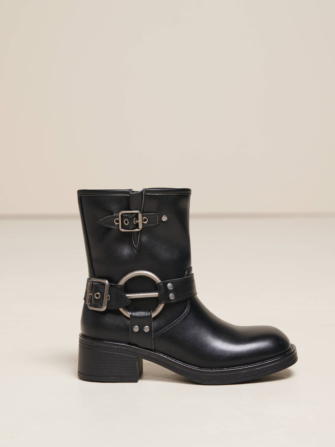 Stivaletti biker neri in PU con fibbie e anello