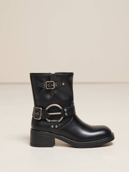 Stivaletti biker neri in PU con fibbie e anello