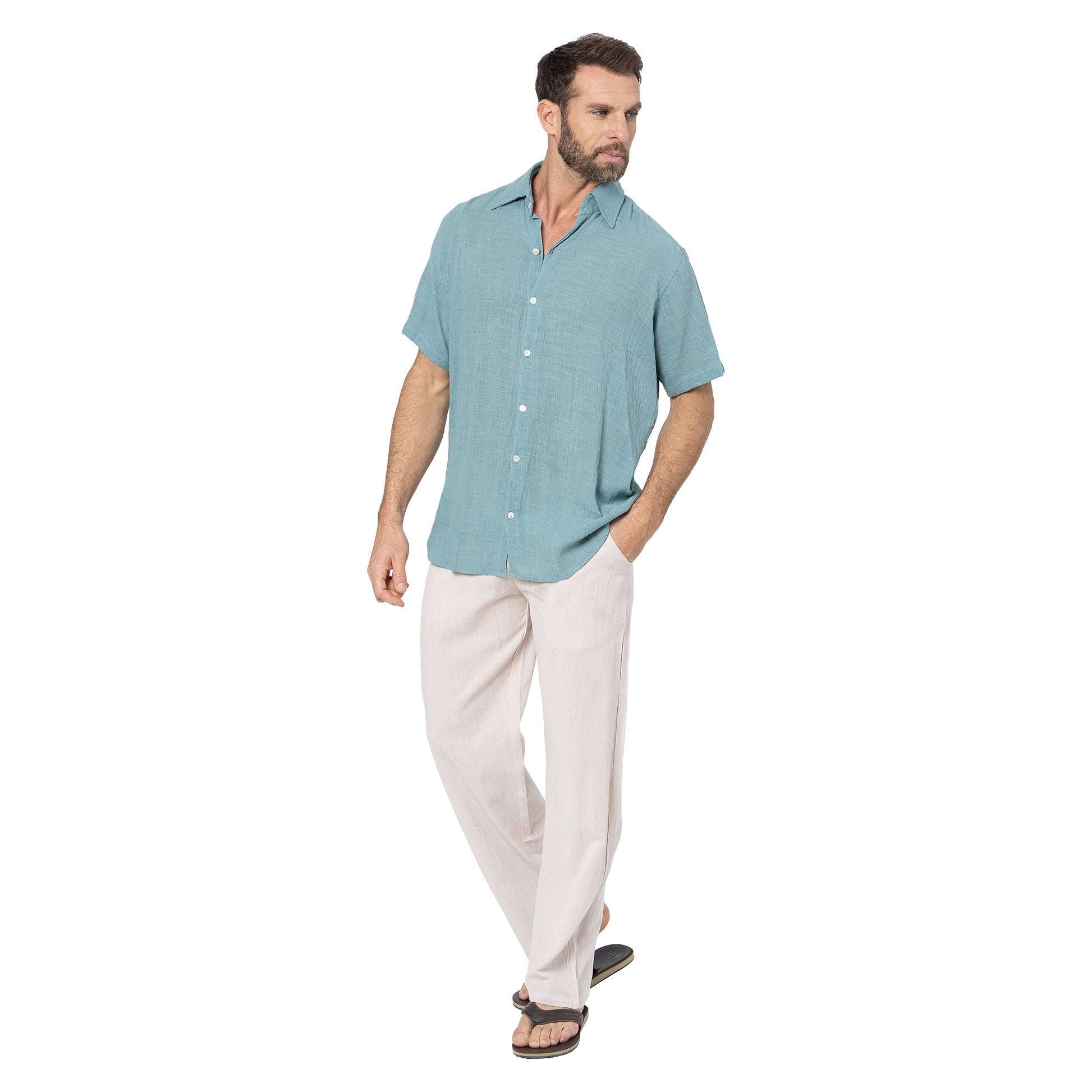 Camicia estiva uomo in cotone a manica corta turchese