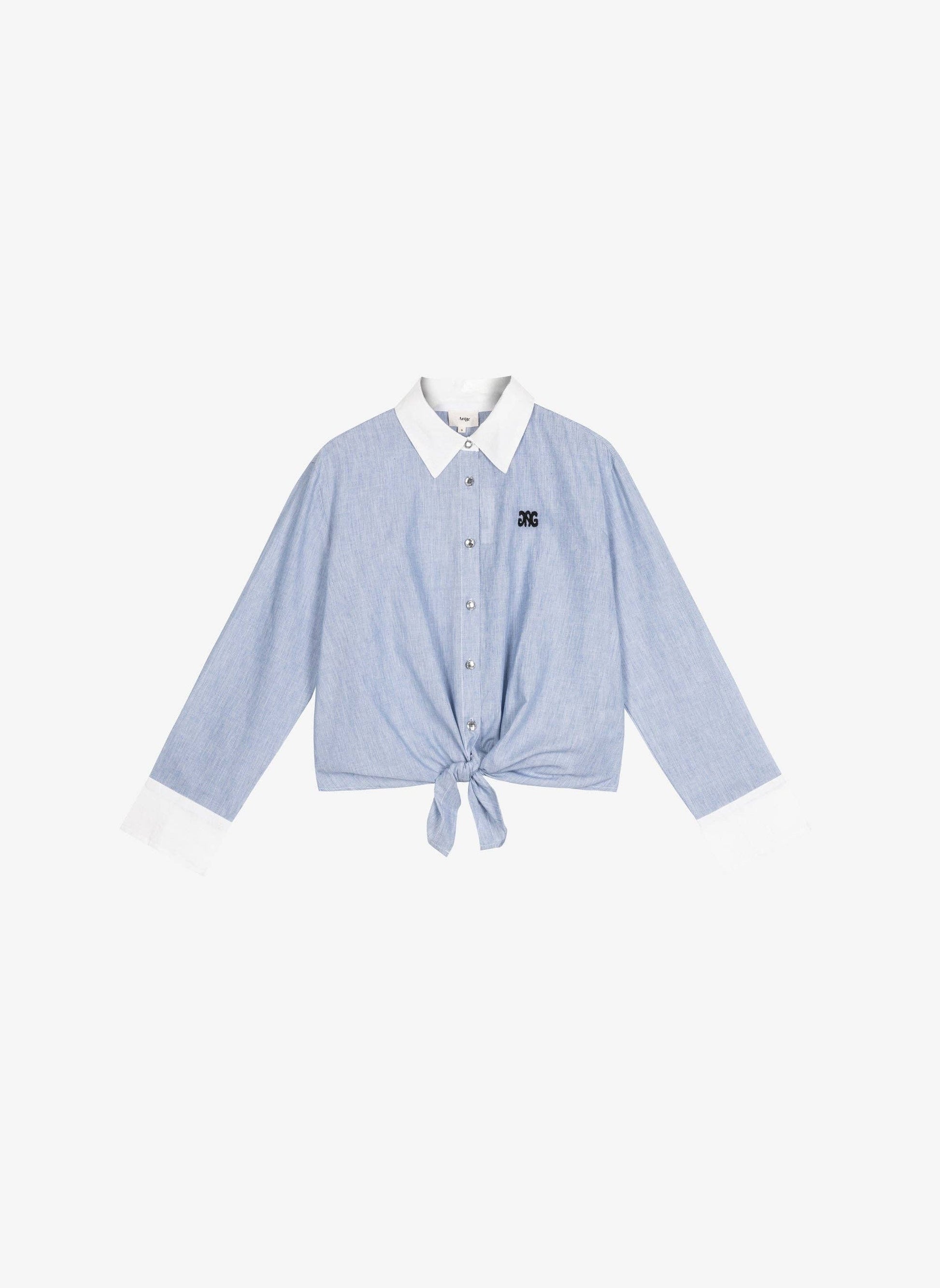 Camicia Senora blu in popeline di cotone con nodo