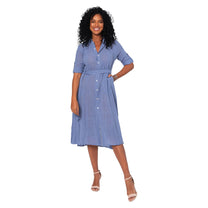 Abito chemisier midi estivo in cotone blu con cintura