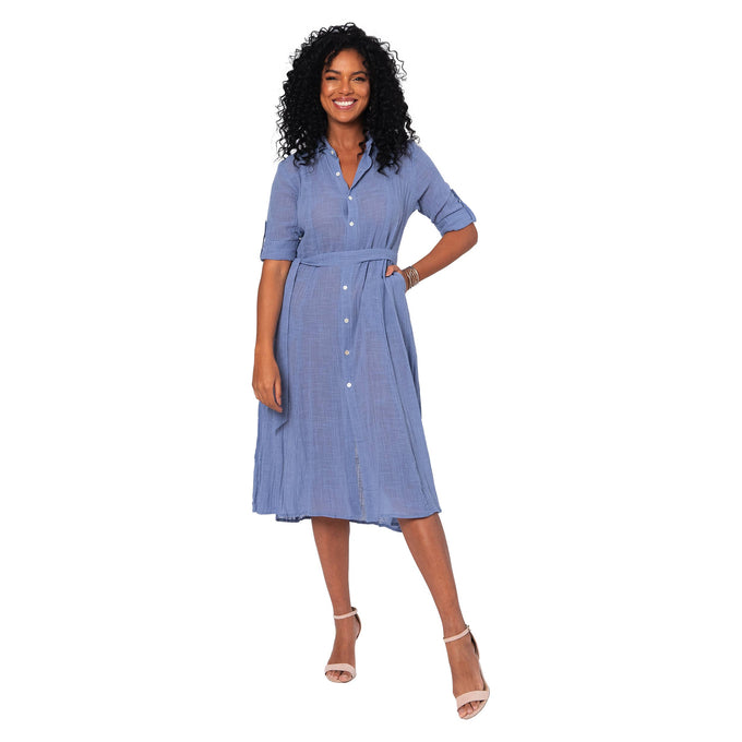 Abito chemisier midi estivo in cotone blu con cintura