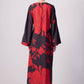 Abito maxi nero con stampa floreale rossa e cintura in vita