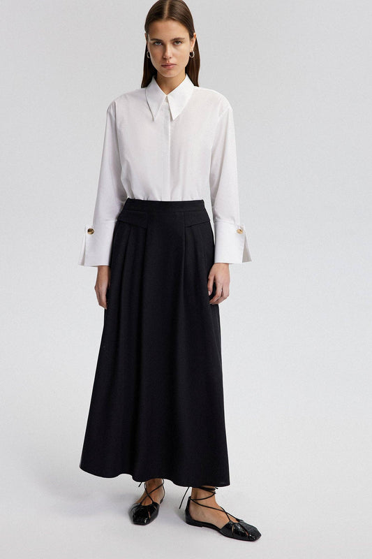 Gonna longuette nera in misto lino a vita alta
