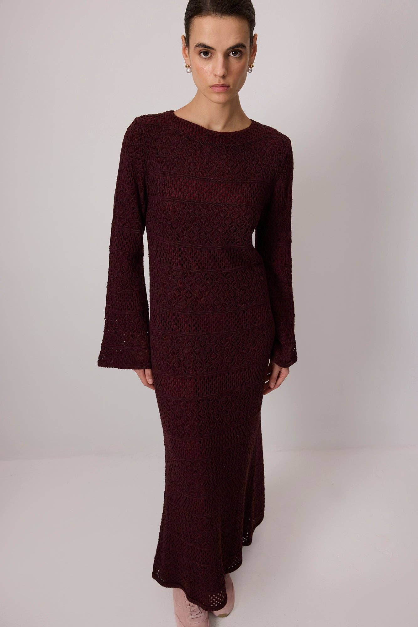 Abito lungo in maglia crochet bordeaux