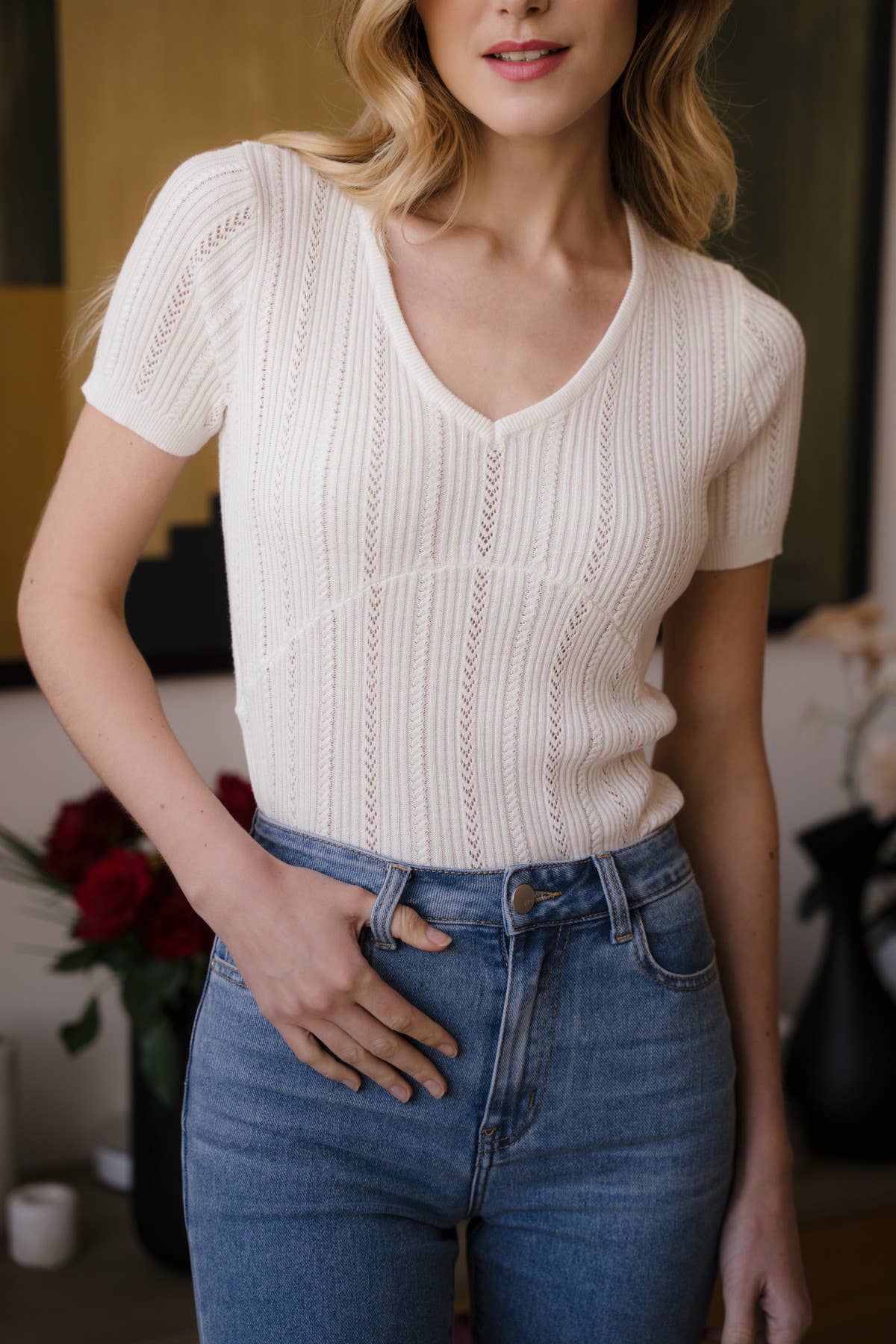 Top in maglia traforata con scollo a V Maki