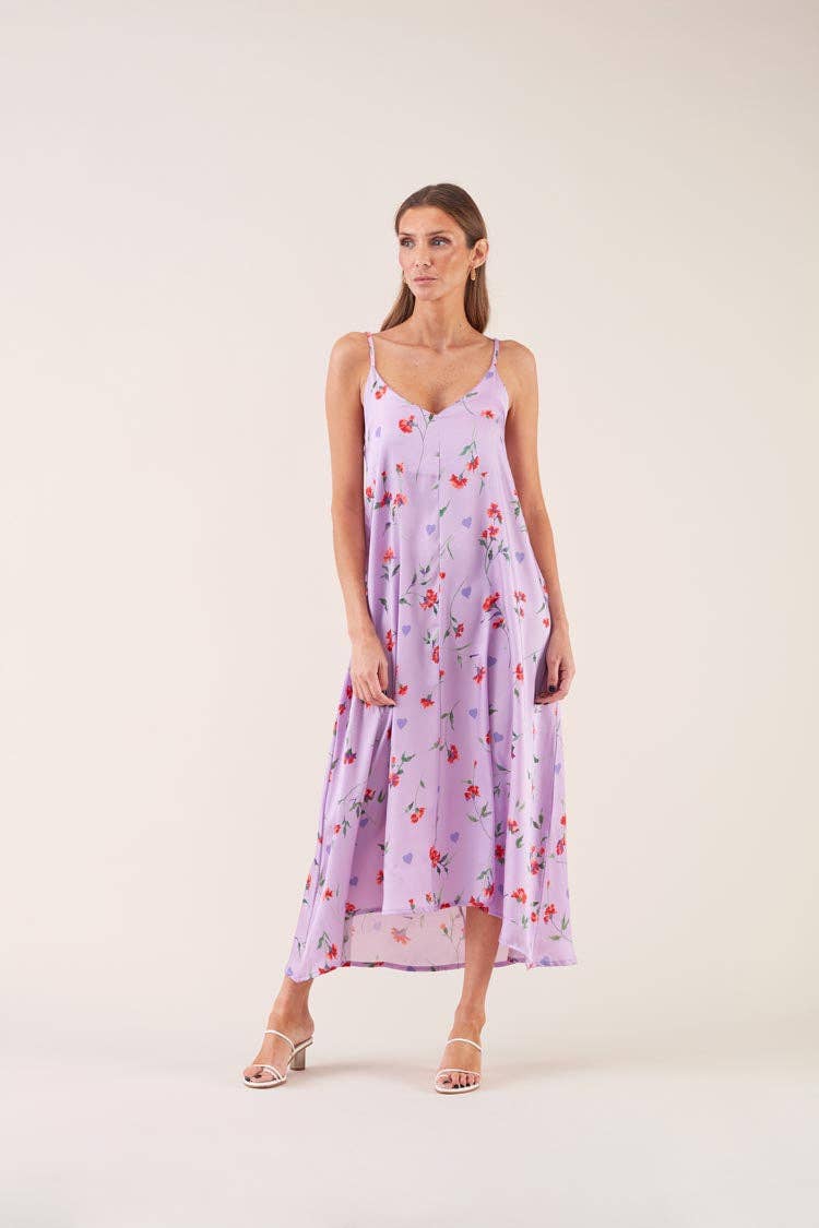 Abito midi lilla floreale con spalline sottili