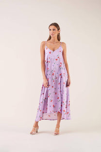 Abito midi lilla floreale con spalline sottili