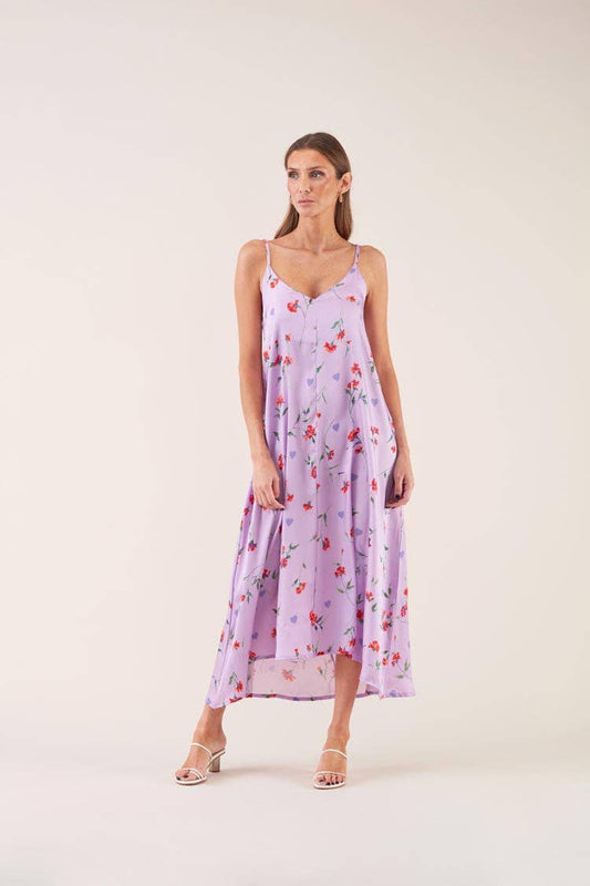 Abito midi lilla floreale con spalline sottili