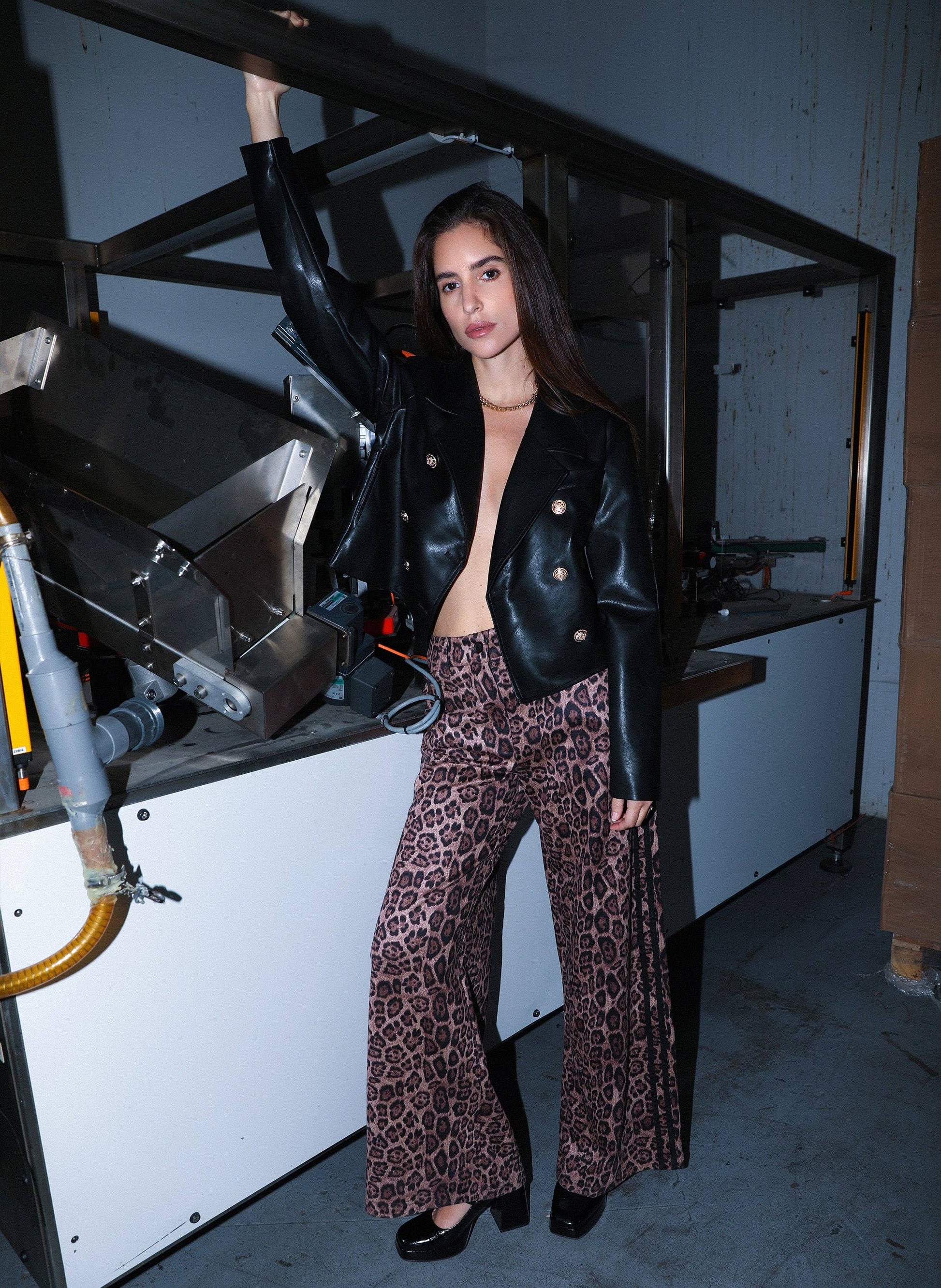 Pantaloni a zampa animalier vita alta