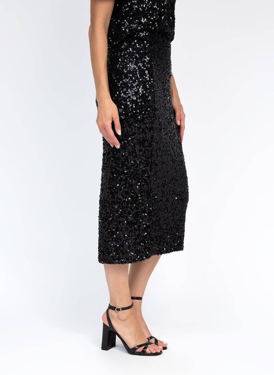 Gonna midi a matita con paillettes nera