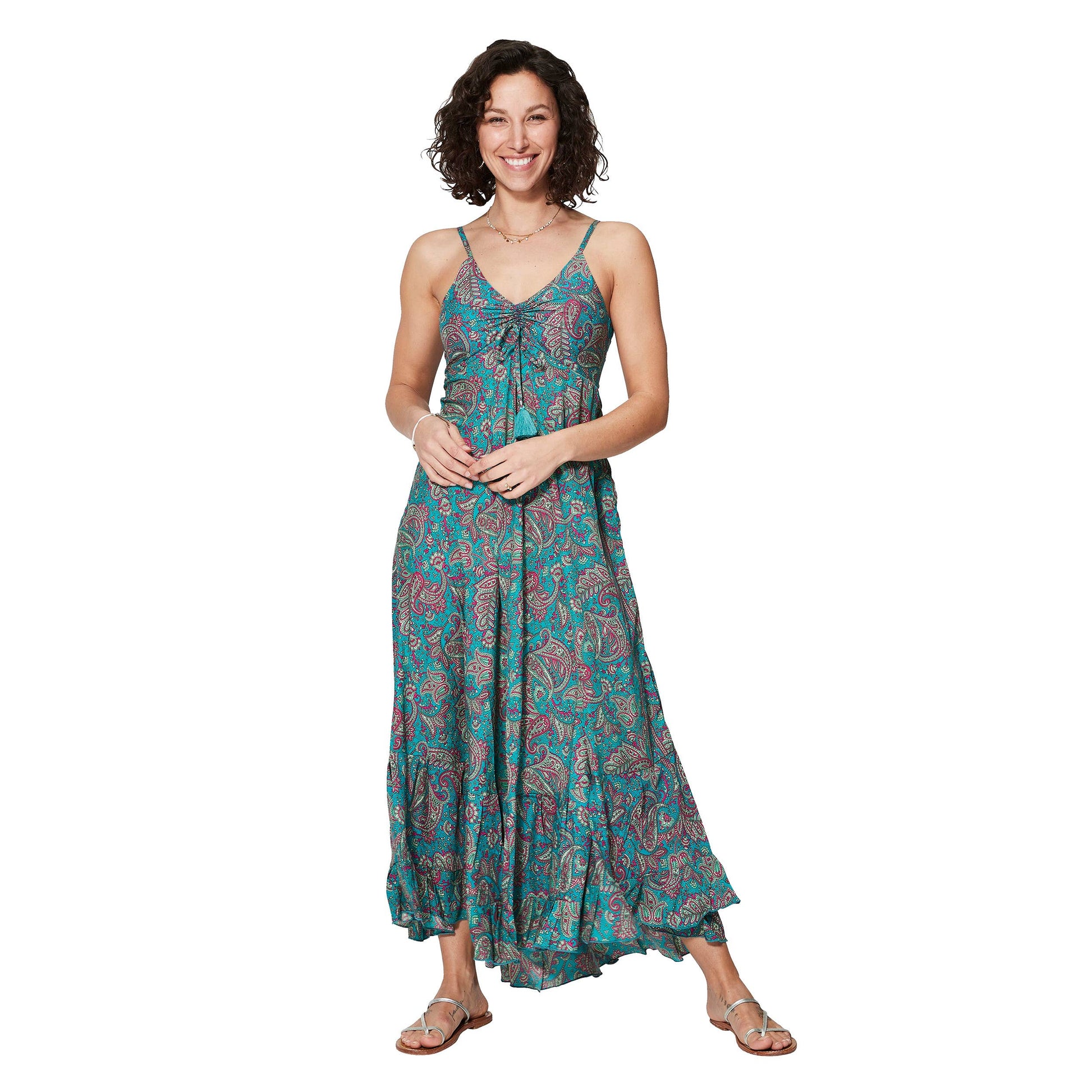 Abito lungo estivo boho con scollo a V e spalline sottili