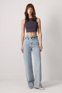 Top crop a coste in cotone antracite