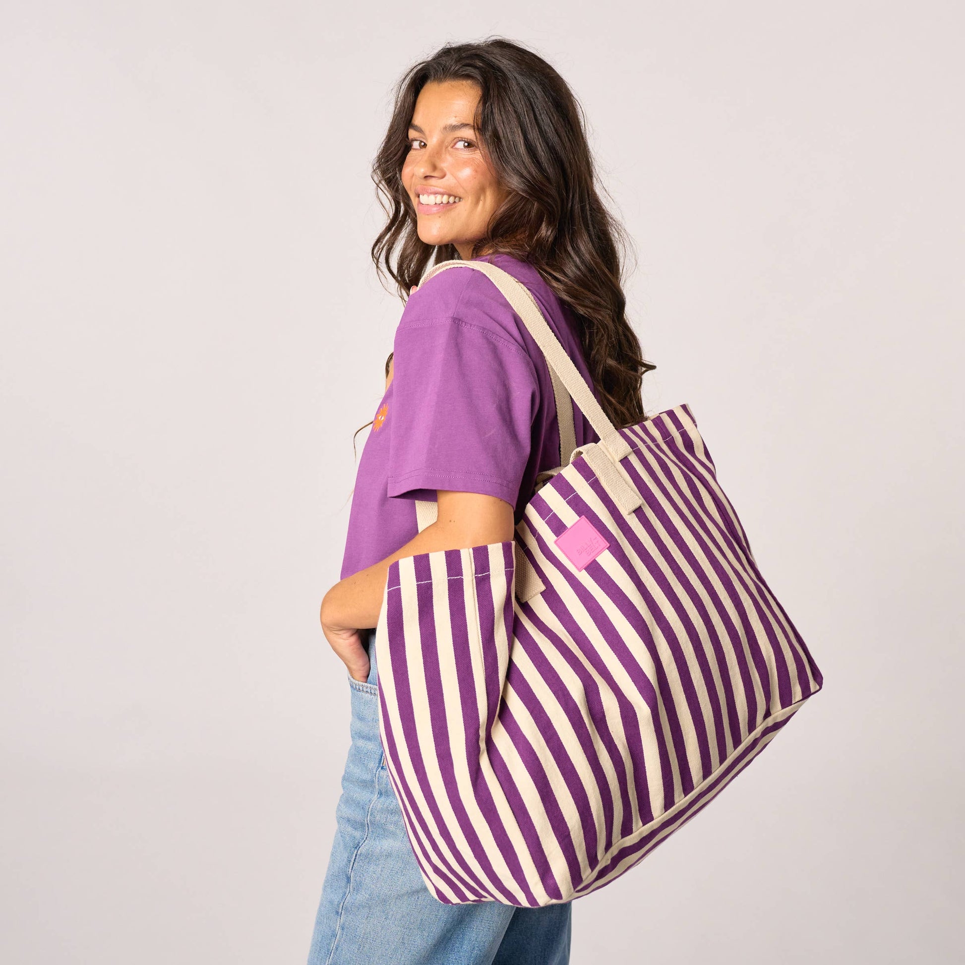 Borsa shopper in cotone biologico a righe viola ed écru