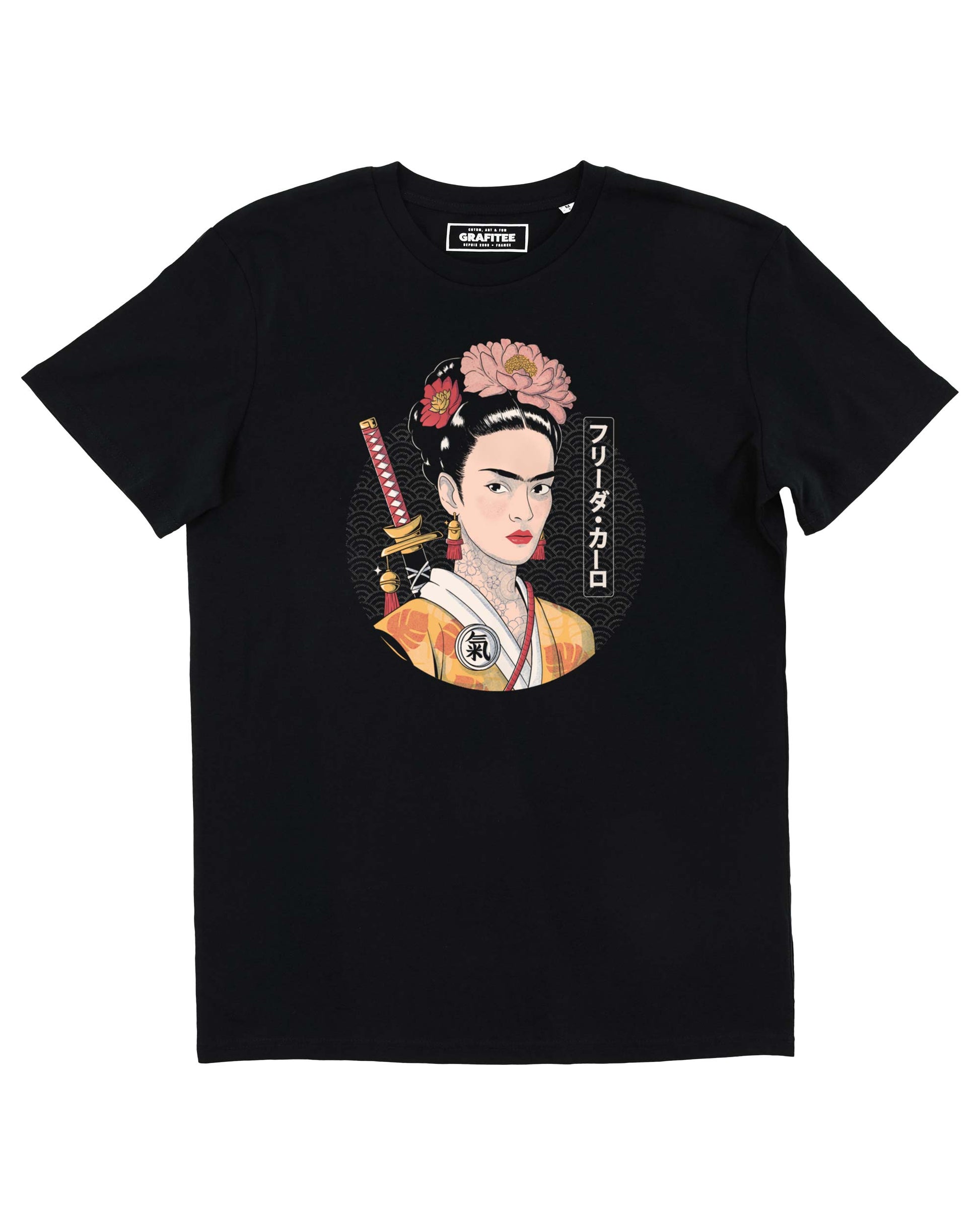 T-shirt unisex nera con stampa grafica Frida Samurai