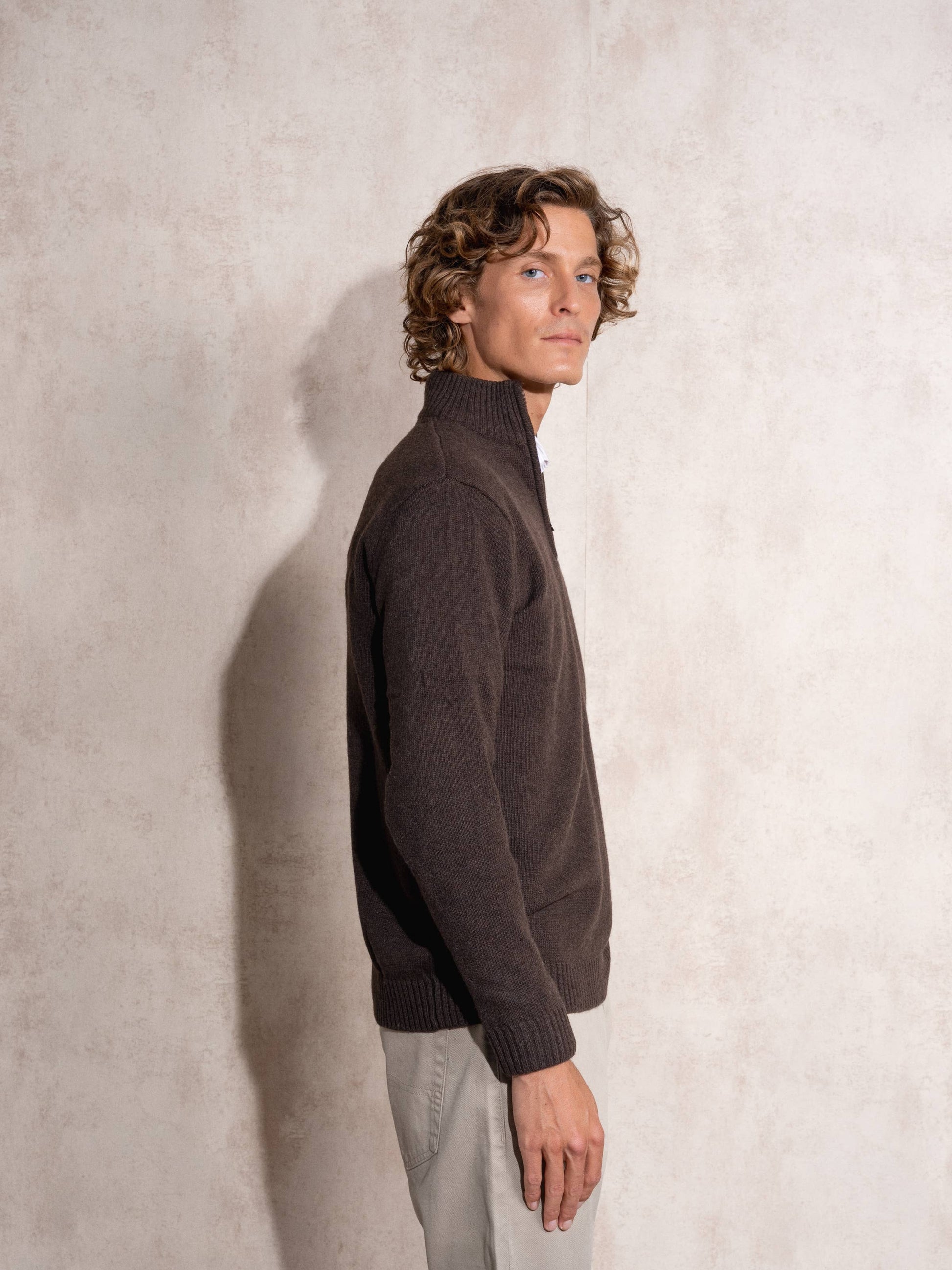 Maglione polo in cotone con mezza zip da uomo
