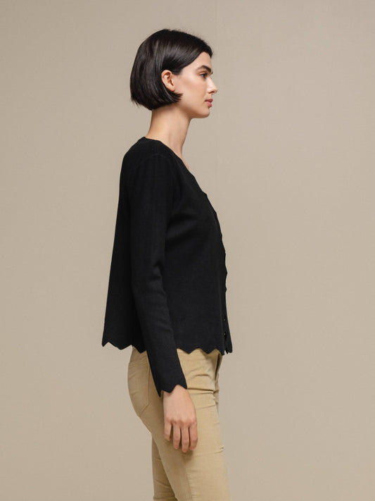 Cardigan donna in maglia con scollo a V e bordo ondulato