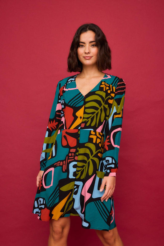 Abito corto multicolore con stampa e scollo a V