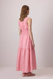 Abito lungo rosa in popeline a balze con smock