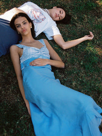 Abito midi azzurro con corpetto vichy